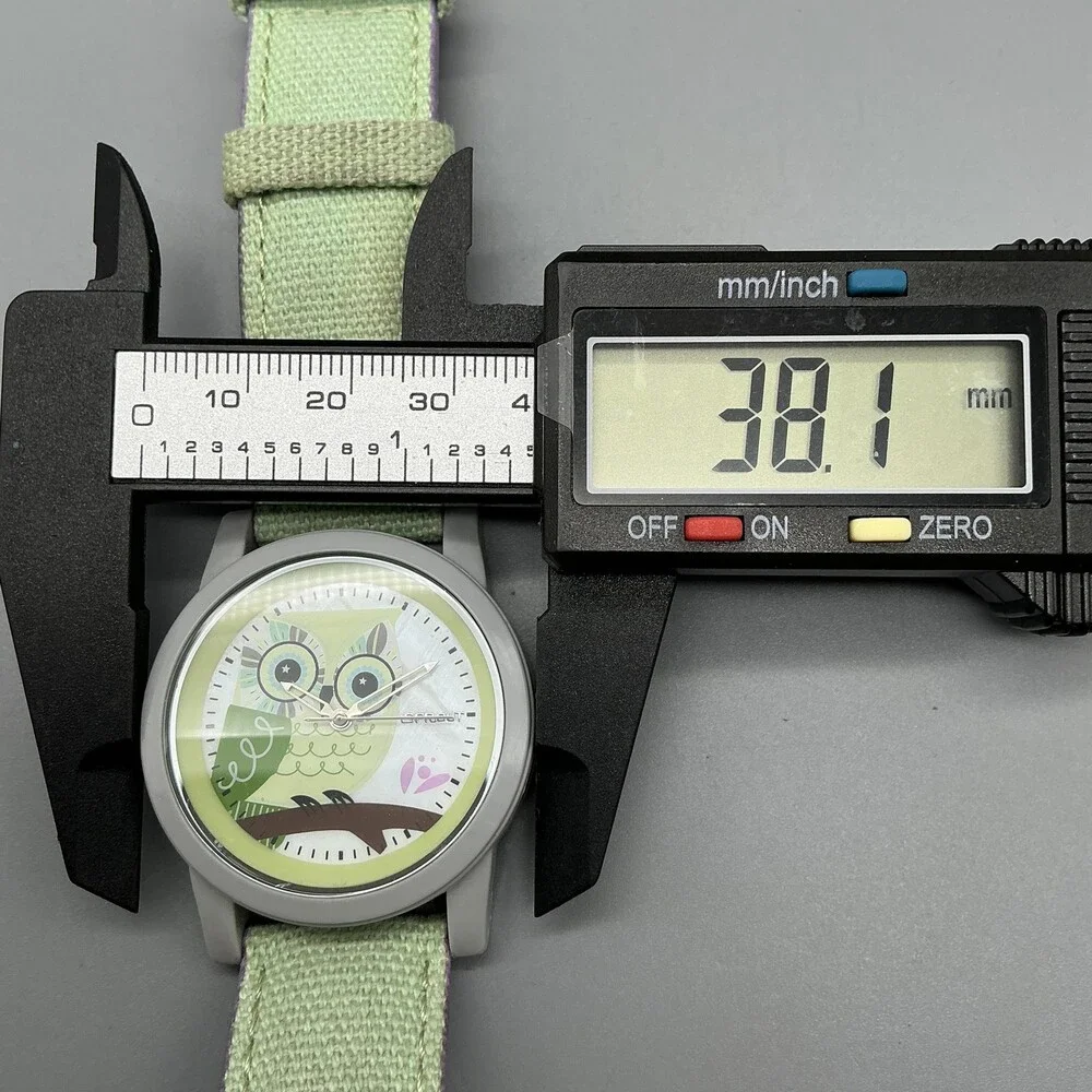 Sprout Girls Watch 38mm Owl MOP Dial Green Gray Case Canvas Strap New Battery